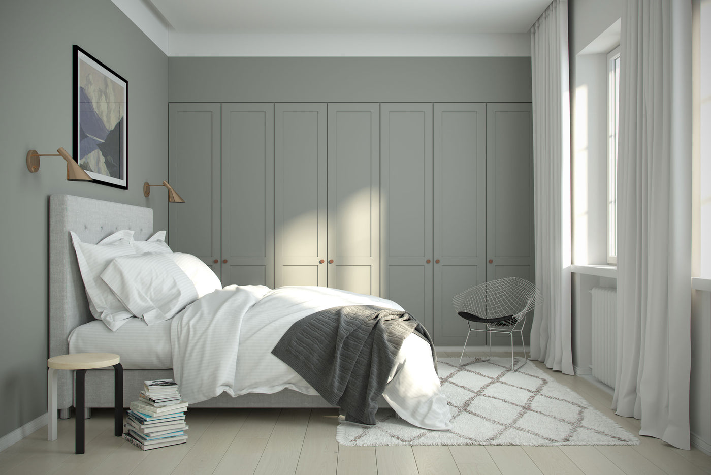 A.S.Helsingö Ensiö built-in wardrobe in thermal grey color in bedroom with copper Parasol handles